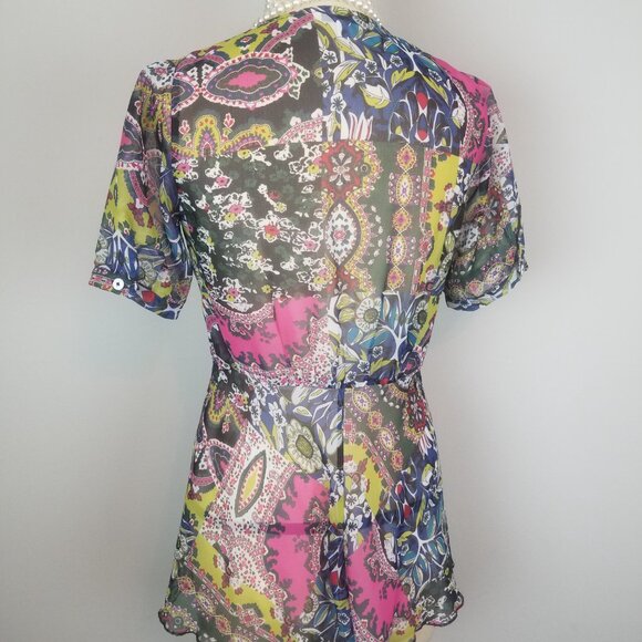 CAbi Beaches of St Tropez Colorful Sheer Tie Front Blouse Women's Size Small - Picture 5 of 8
